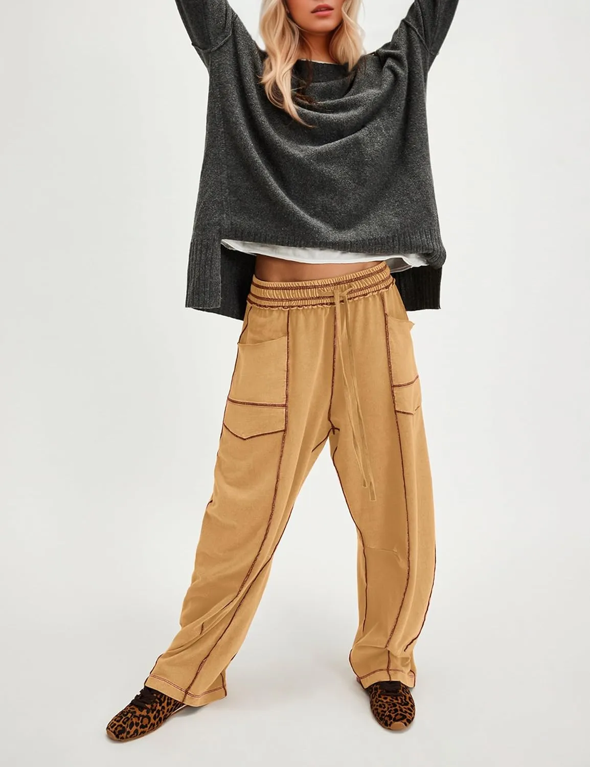 Summer Casual Wide Leg Pants for Women Drawstring Baggy Barrel Sweatpants High Waist Palazzo Lounge Pant with Pockets