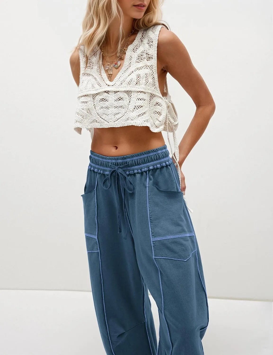 Summer Casual Wide Leg Pants for Women Drawstring Baggy Barrel Sweatpants High Waist Palazzo Lounge Pant with Pockets