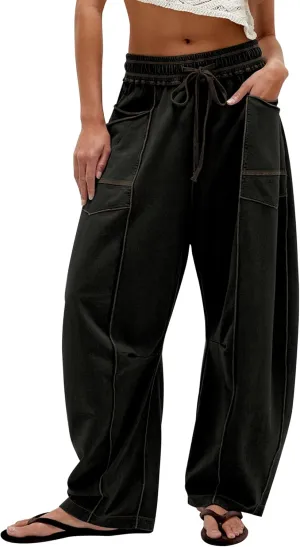 Summer Casual Wide Leg Pants for Women Drawstring Baggy Barrel Sweatpants High Waist Palazzo Lounge Pant with Pockets