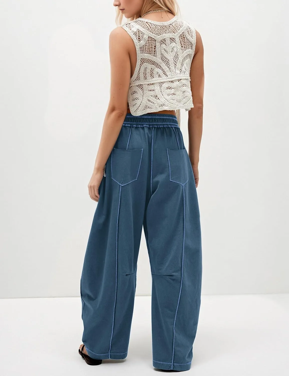 Summer Casual Wide Leg Pants for Women Drawstring Baggy Barrel Sweatpants High Waist Palazzo Lounge Pant with Pockets