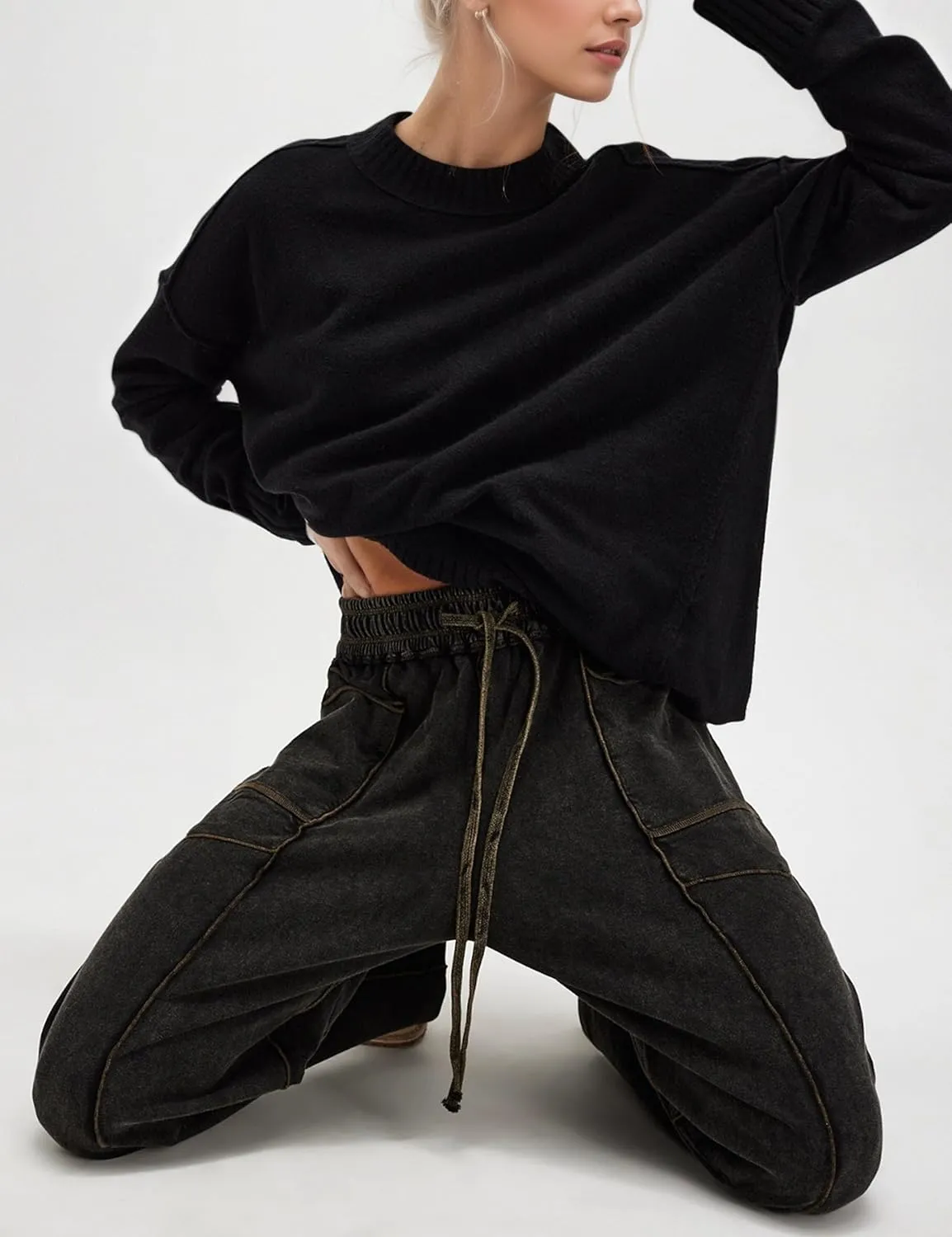 Summer Casual Wide Leg Pants for Women Drawstring Baggy Barrel Sweatpants High Waist Palazzo Lounge Pant with Pockets