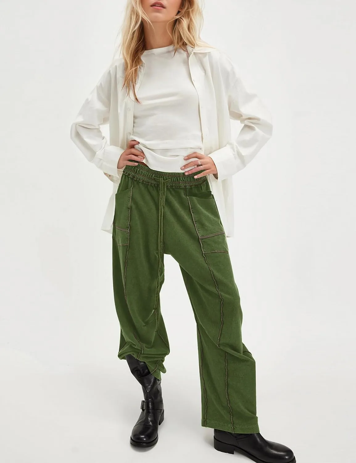 Summer Casual Wide Leg Pants for Women Drawstring Baggy Barrel Sweatpants High Waist Palazzo Lounge Pant with Pockets