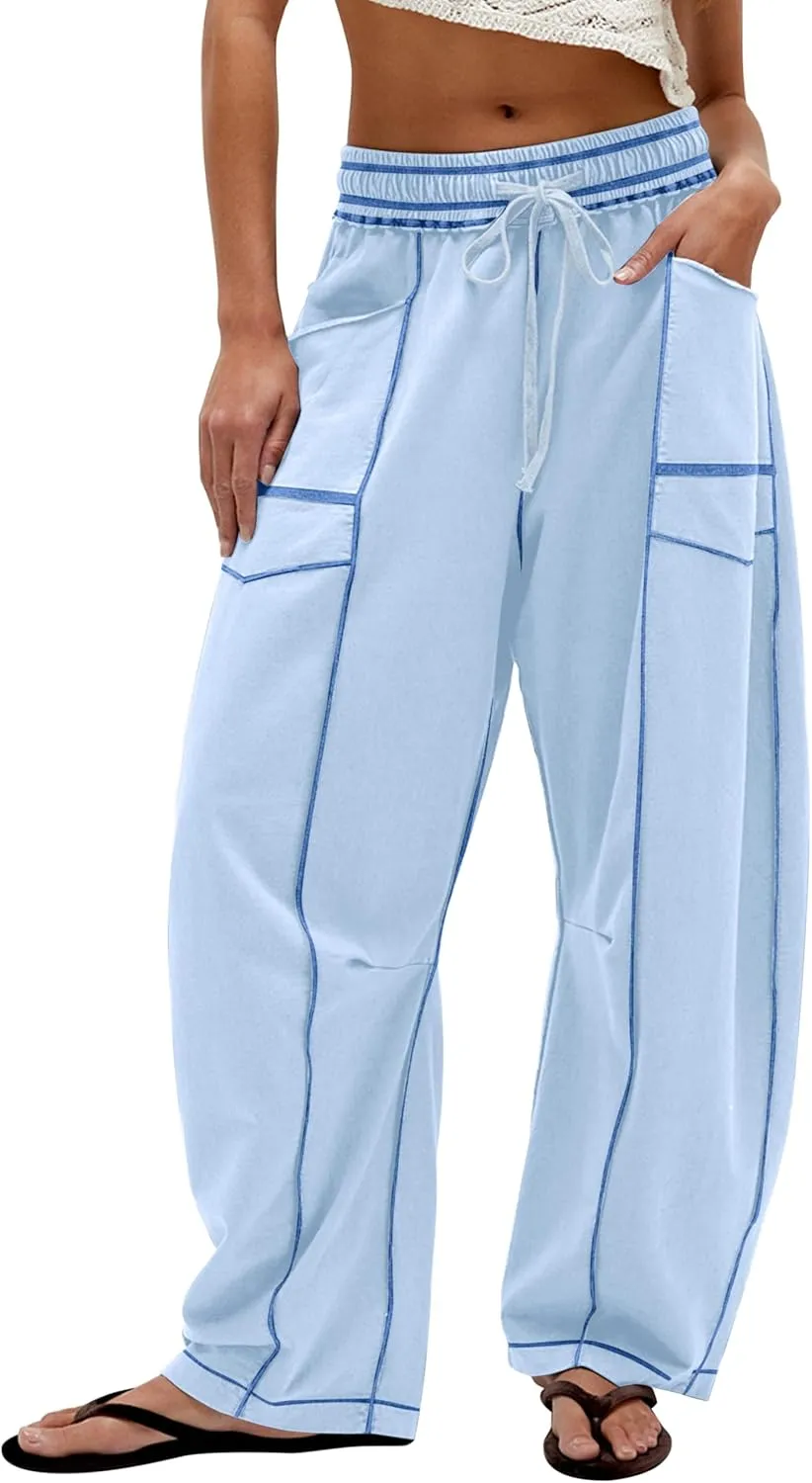 Summer Casual Wide Leg Pants for Women Drawstring Baggy Barrel Sweatpants High Waist Palazzo Lounge Pant with Pockets