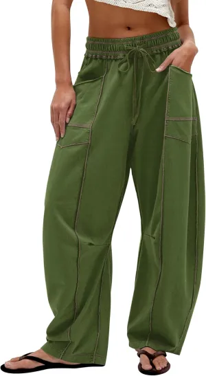 Summer Casual Wide Leg Pants for Women Drawstring Baggy Barrel Sweatpants High Waist Palazzo Lounge Pant with Pockets