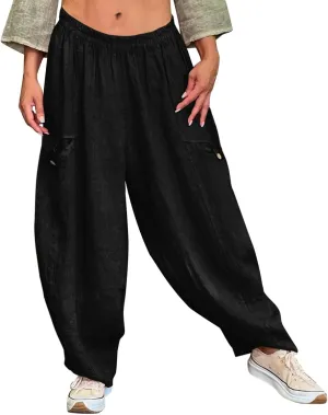 Summer Cotton Linen Pants Solid Color Pocket Baggy Casual Pants Women Pleated High Waisted Wide Leg Pants Wide Leg