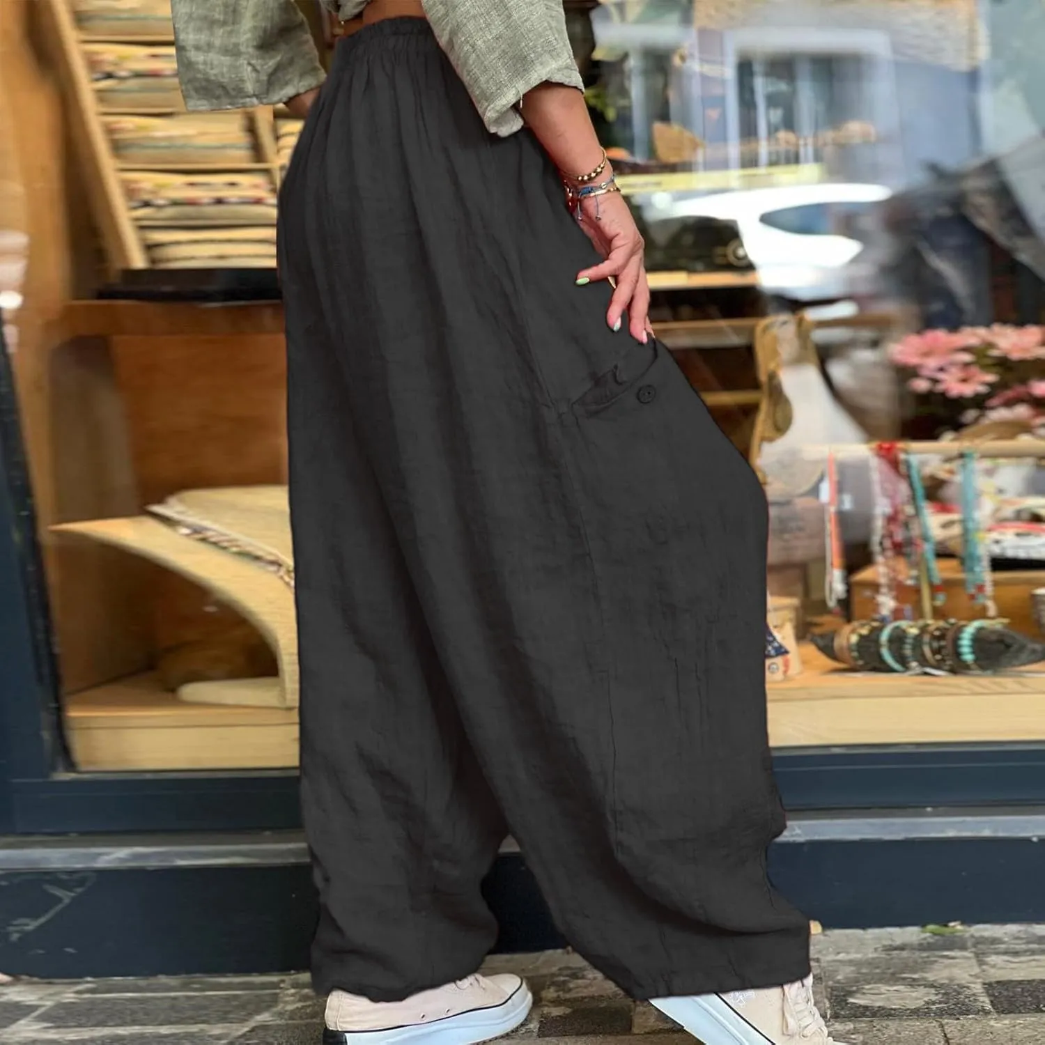 Summer Cotton Linen Pants Solid Color Pocket Baggy Casual Pants Women Pleated High Waisted Wide Leg Pants Wide Leg