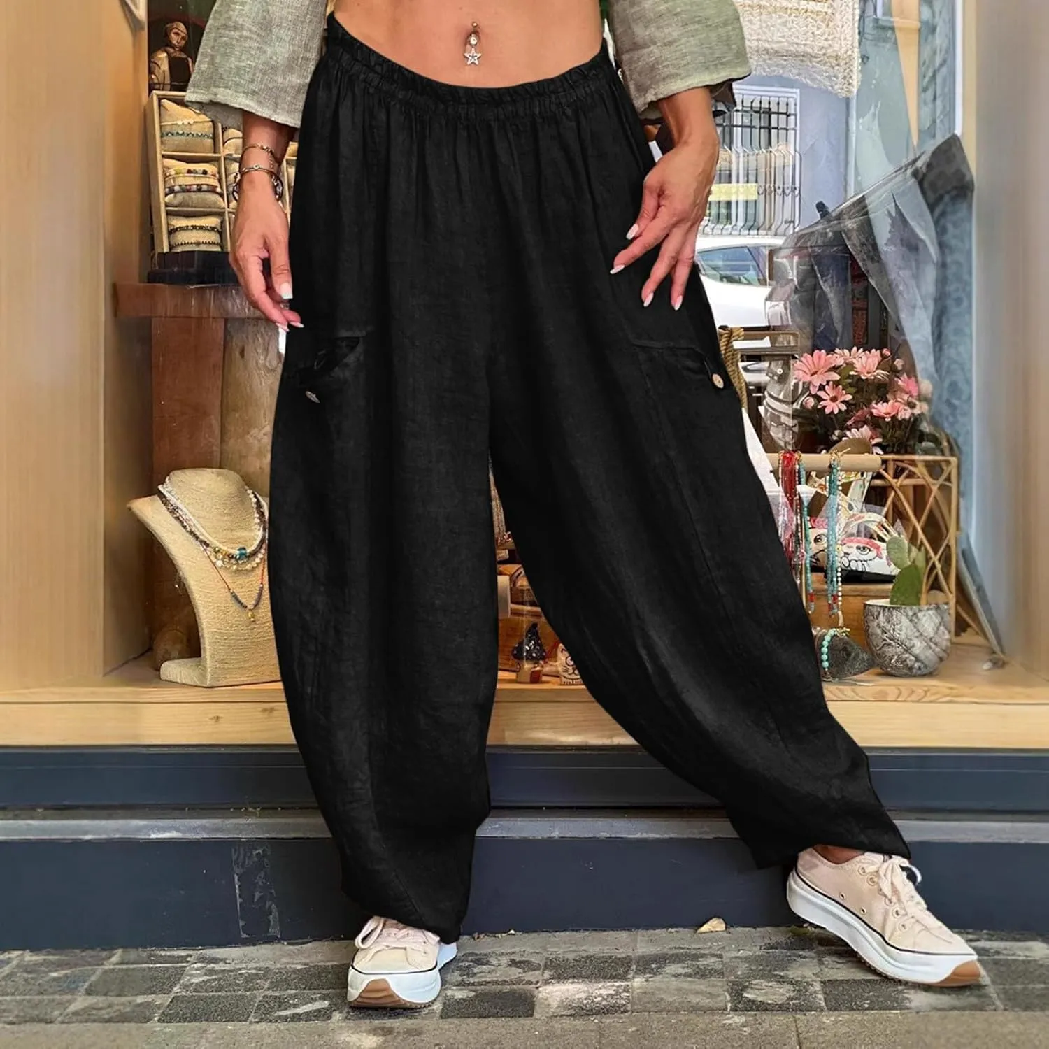 Summer Cotton Linen Pants Solid Color Pocket Baggy Casual Pants Women Pleated High Waisted Wide Leg Pants Wide Leg