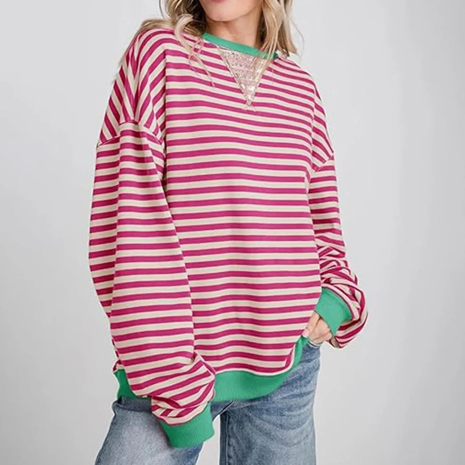 Sweat Shirt For Women 2024 Casual Crew Neck Long Sleeve Striped Pullover Tunic Quarter Aesthetic Trendy Tops