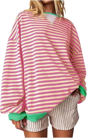 Sweat Shirt For Women 2024 Casual Crew Neck Long Sleeve Striped Pullover Tunic Quarter Aesthetic Trendy Tops