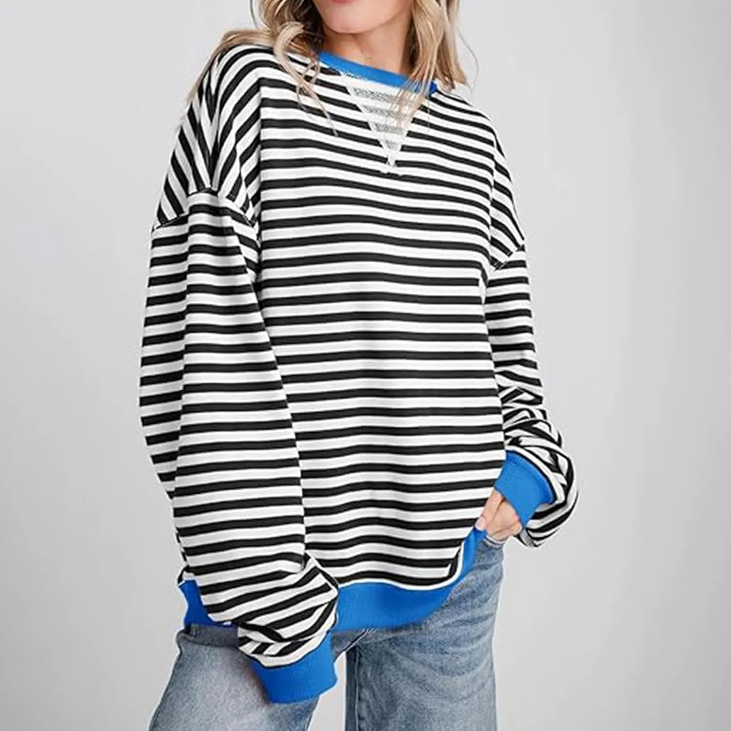 Sweat Shirt For Women 2024 Casual Crew Neck Long Sleeve Striped Pullover Tunic Quarter Aesthetic Trendy Tops