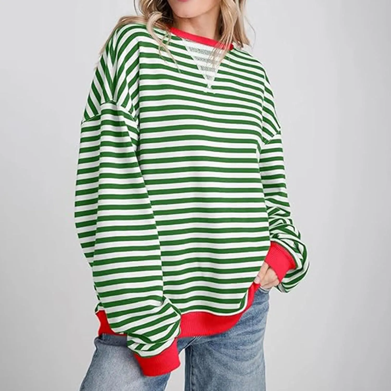 Sweat Shirt For Women 2024 Casual Crew Neck Long Sleeve Striped Pullover Tunic Quarter Aesthetic Trendy Tops