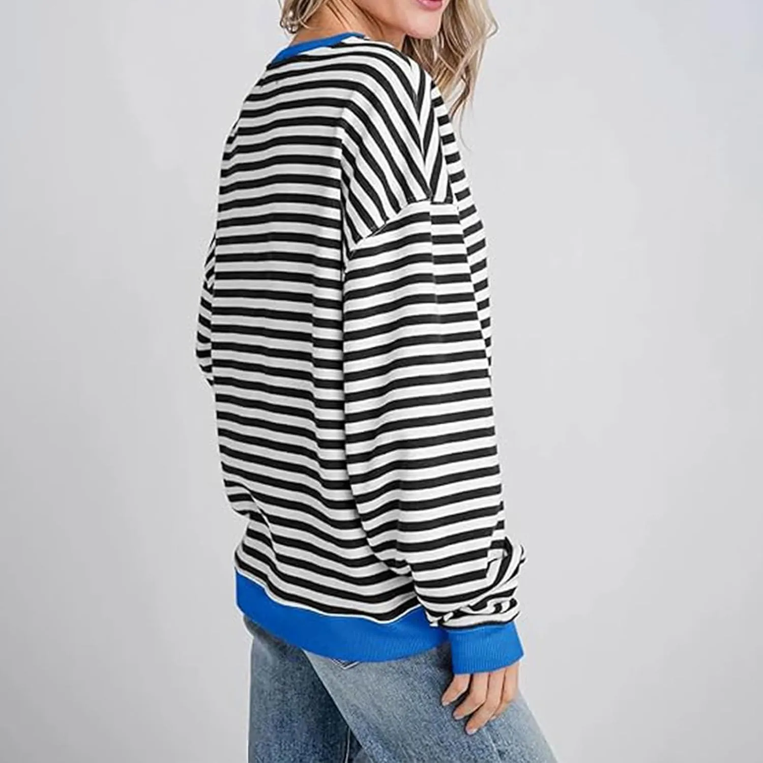Sweat Shirt For Women 2024 Casual Crew Neck Long Sleeve Striped Pullover Tunic Quarter Aesthetic Trendy Tops