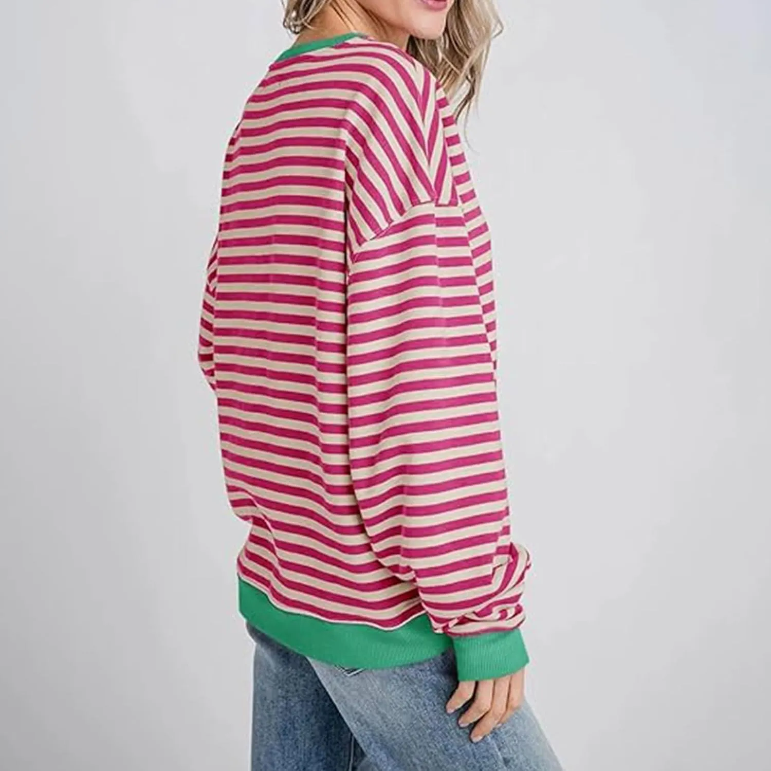 Sweat Shirt For Women 2024 Casual Crew Neck Long Sleeve Striped Pullover Tunic Quarter Aesthetic Trendy Tops