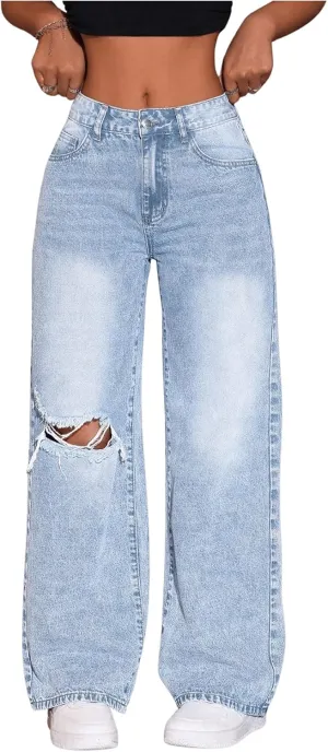 SweatyRocks Women's High Waist Wide Leg Baggy Jeans Ripped Distressed Denim Pants