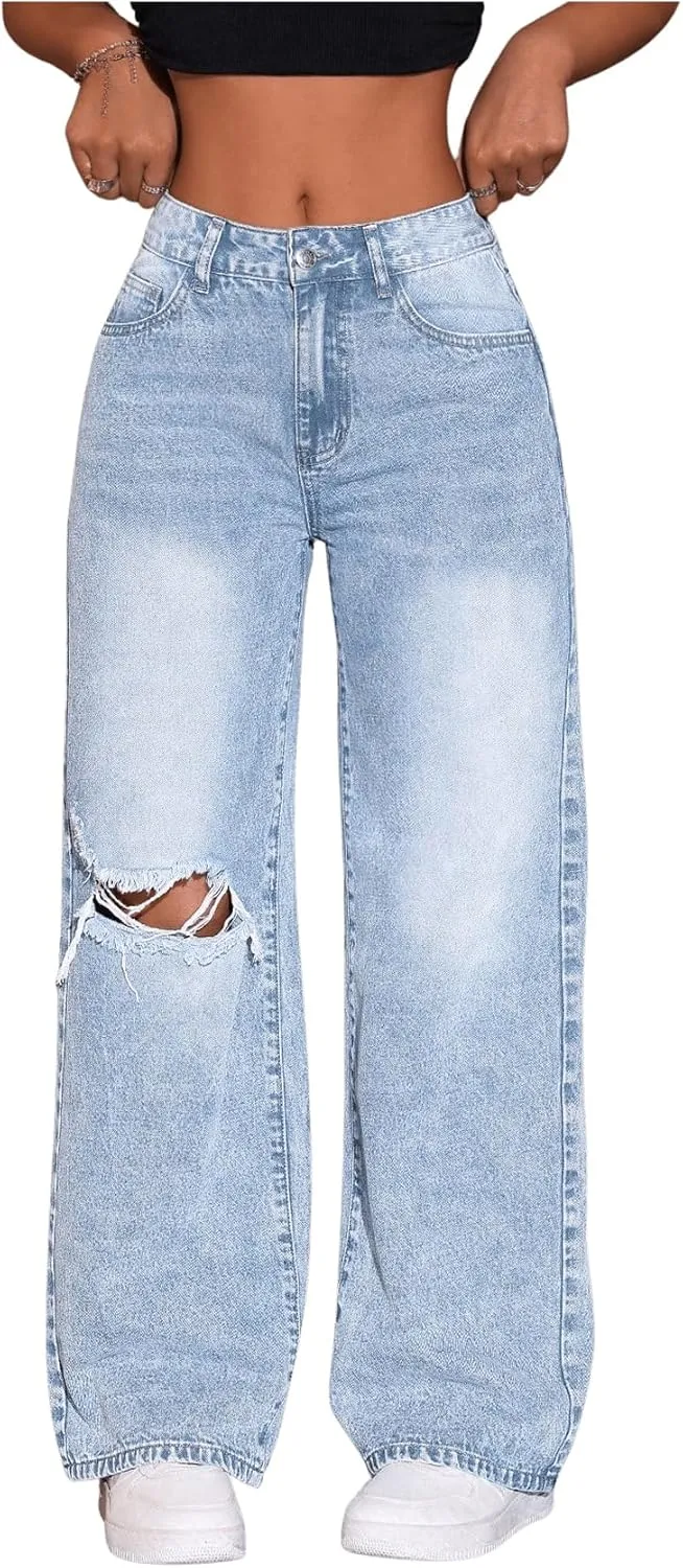 SweatyRocks Women's High Waist Wide Leg Baggy Jeans Ripped Distressed Denim Pants