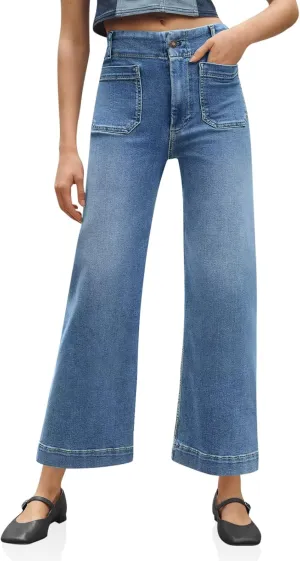 Tankaneo Womens Loose Wide Leg Jeans High Waisted Flare Trendy Boyfriends Cotton Denim Pants with Front Patch Pockets