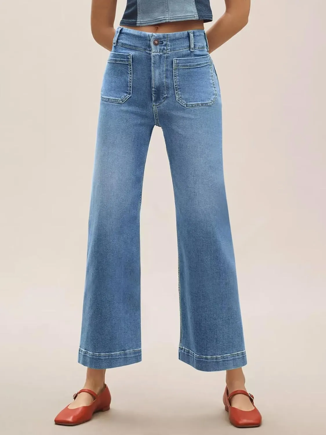 Tankaneo Womens Loose Wide Leg Jeans High Waisted Flare Trendy Boyfriends Cotton Denim Pants with Front Patch Pockets