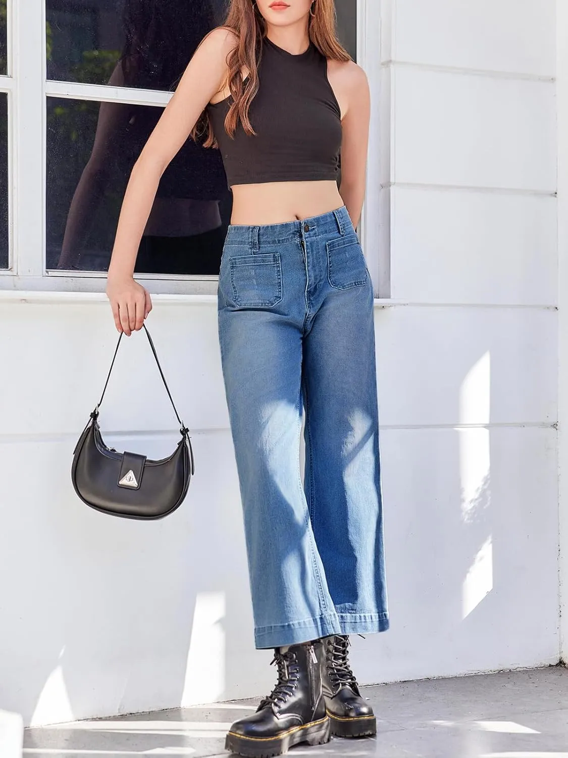 Tankaneo Womens Loose Wide Leg Jeans High Waisted Flare Trendy Boyfriends Cotton Denim Pants with Front Patch Pockets