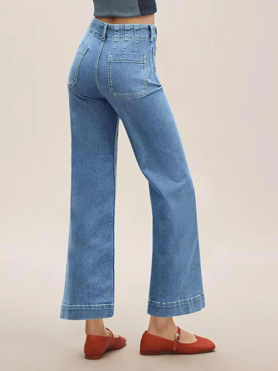 Tankaneo Womens Loose Wide Leg Jeans High Waisted Flare Trendy Boyfriends Cotton Denim Pants with Front Patch Pockets