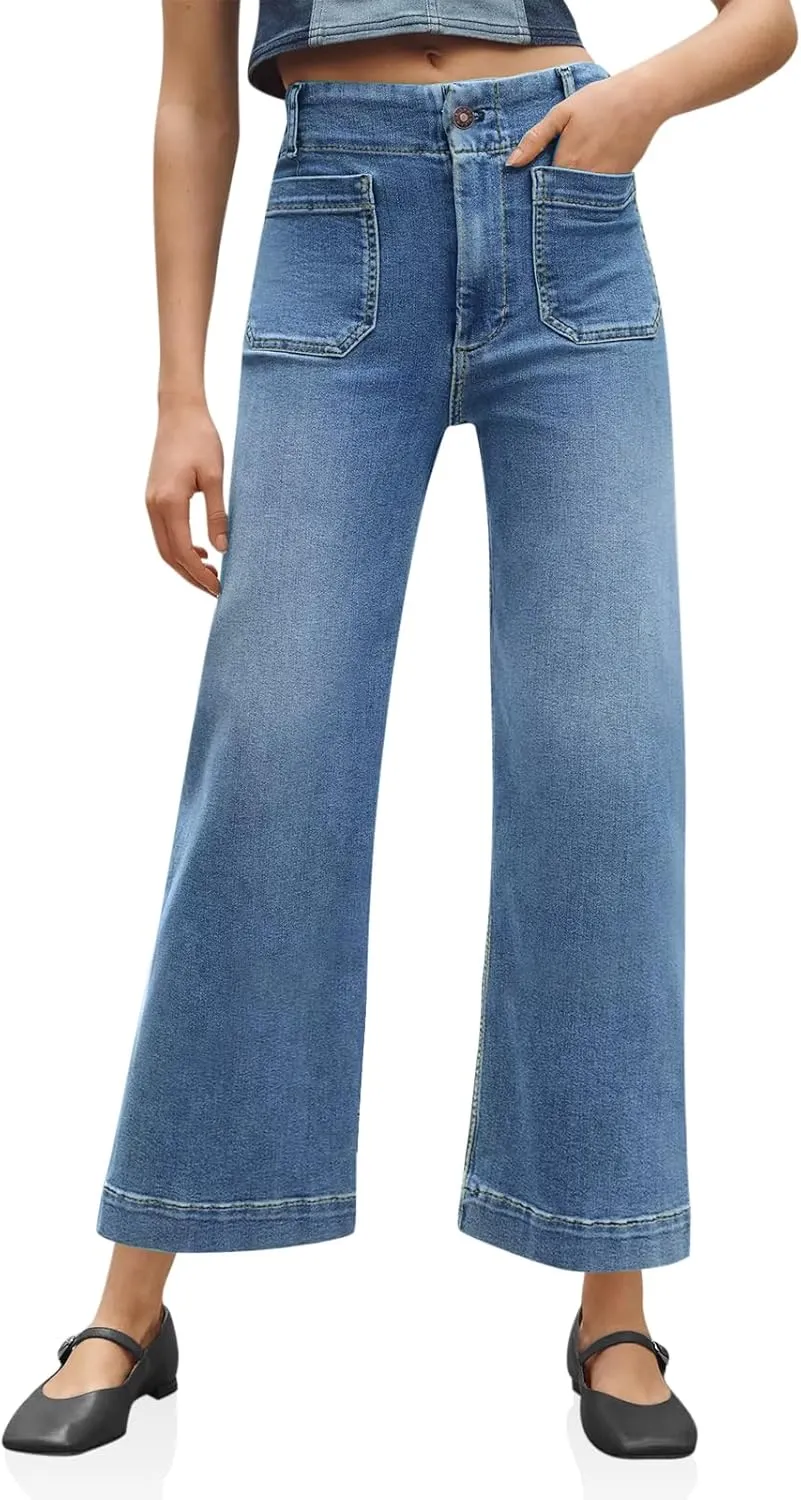 Tankaneo Womens Loose Wide Leg Jeans High Waisted Flare Trendy Boyfriends Cotton Denim Pants with Front Patch Pockets