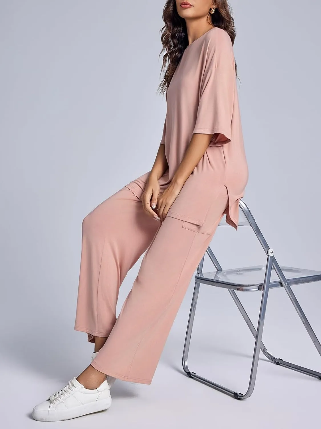 Tankaneo Womens Lounge Sets 2 Piece Travel Outfits Short Sleeve Pullover Tops Wide Leg Pants Tracksuit
