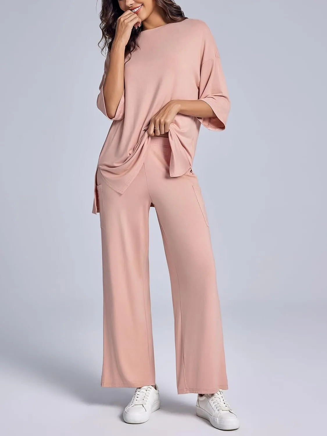 Tankaneo Womens Lounge Sets 2 Piece Travel Outfits Short Sleeve Pullover Tops Wide Leg Pants Tracksuit