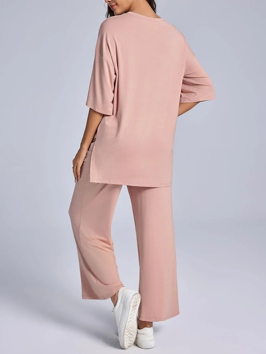 Tankaneo Womens Lounge Sets 2 Piece Travel Outfits Short Sleeve Pullover Tops Wide Leg Pants Tracksuit
