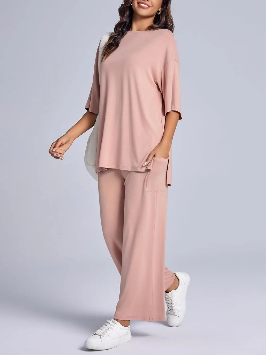 Tankaneo Womens Lounge Sets 2 Piece Travel Outfits Short Sleeve Pullover Tops Wide Leg Pants Tracksuit