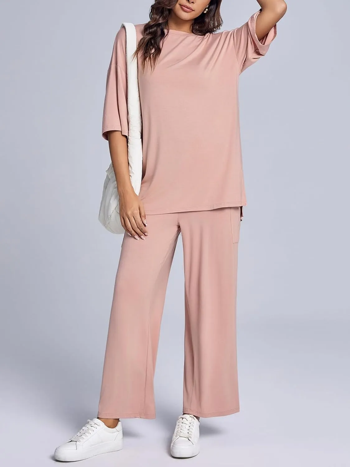 Tankaneo Womens Lounge Sets 2 Piece Travel Outfits Short Sleeve Pullover Tops Wide Leg Pants Tracksuit