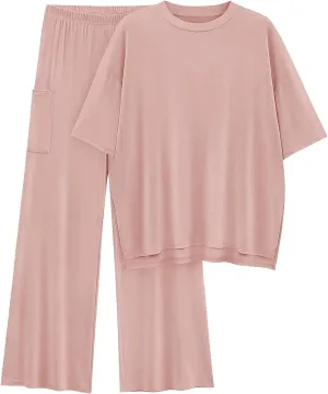 Tankaneo Womens Lounge Sets 2 Piece Travel Outfits Short Sleeve Pullover Tops Wide Leg Pants Tracksuit
