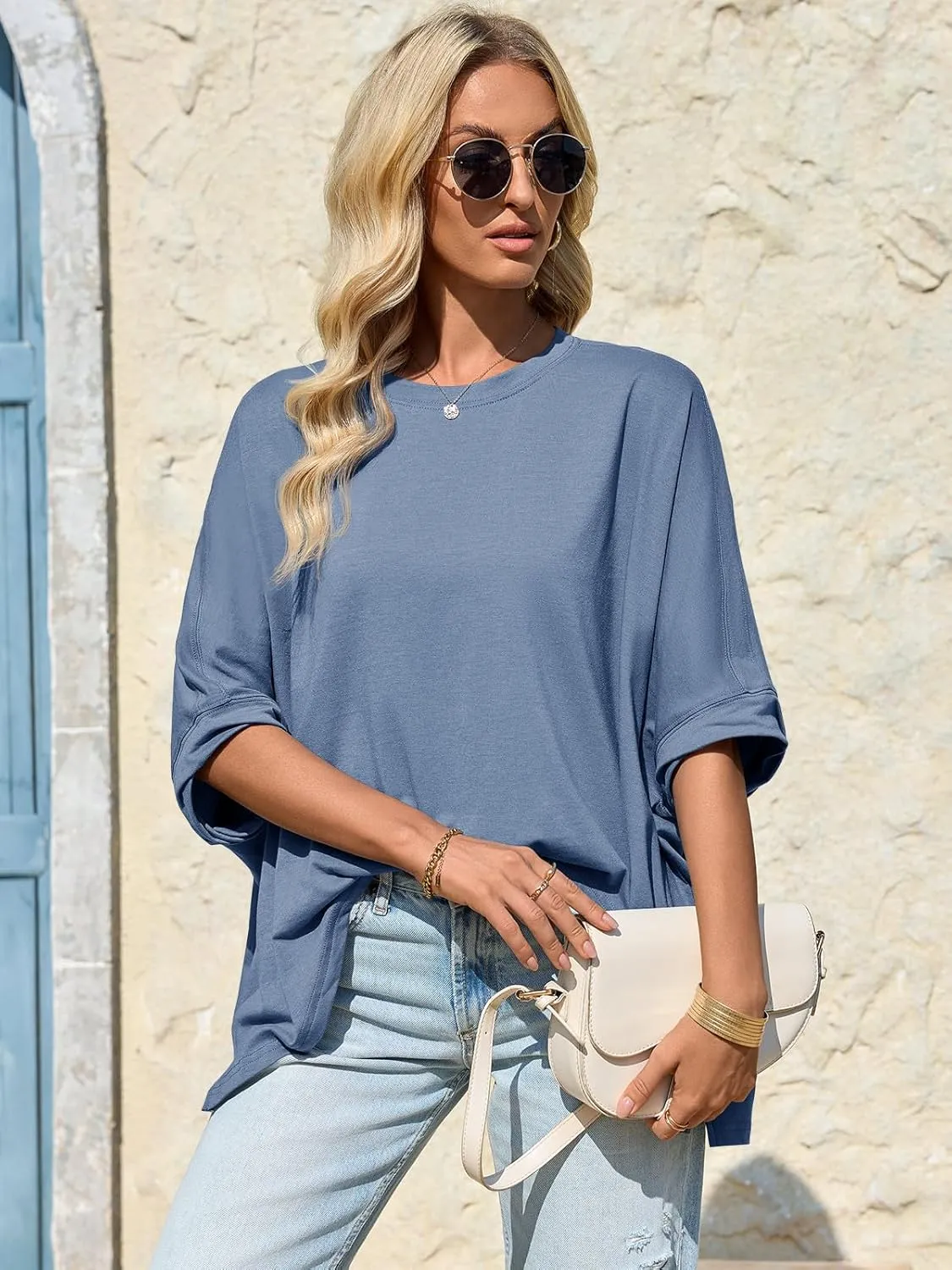 Tankaneo Womens Oversized Tshirts Batwing Short Sleeve Asymmetric Hem Tops Summer Casual Loose Fit Tunic Tee Shirts