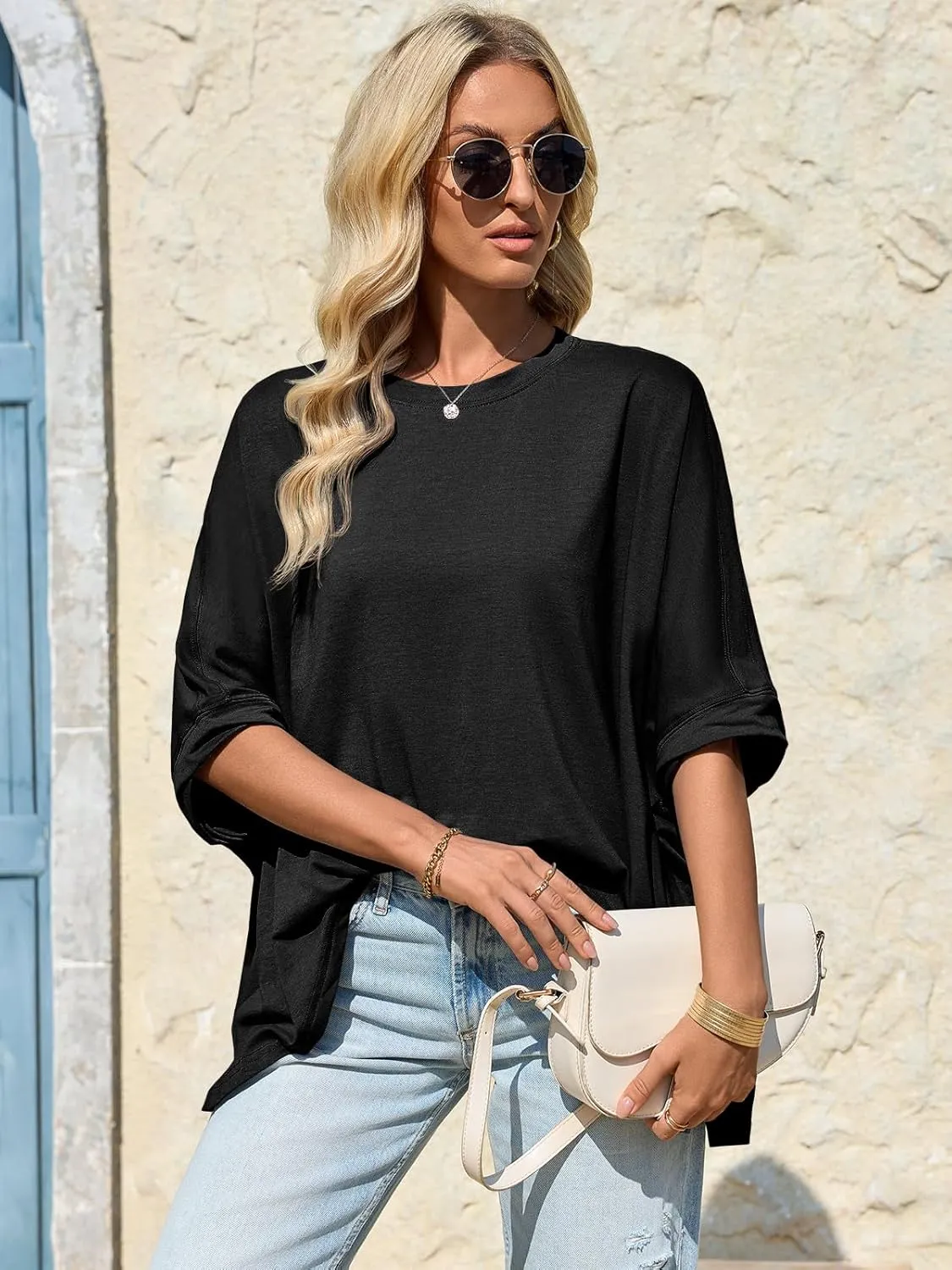 Tankaneo Womens Oversized Tshirts Batwing Short Sleeve Asymmetric Hem Tops Summer Casual Loose Fit Tunic Tee Shirts