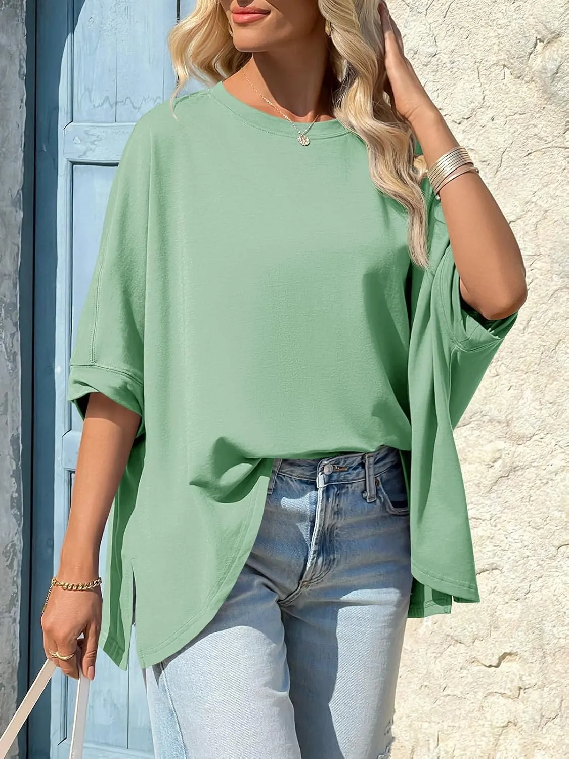 Tankaneo Womens Oversized Tshirts Batwing Short Sleeve Asymmetric Hem Tops Summer Casual Loose Fit Tunic Tee Shirts
