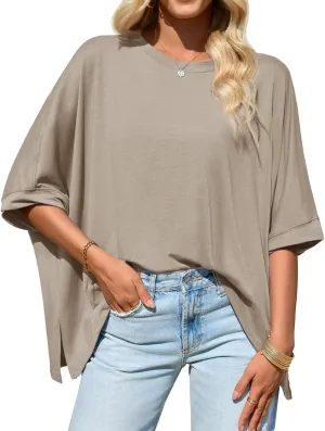 Tankaneo Womens Oversized Tshirts Batwing Short Sleeve Asymmetric Hem Tops Summer Casual Loose Fit Tunic Tee Shirts