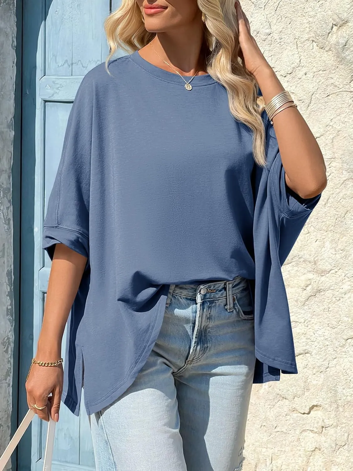 Tankaneo Womens Oversized Tshirts Batwing Short Sleeve Asymmetric Hem Tops Summer Casual Loose Fit Tunic Tee Shirts
