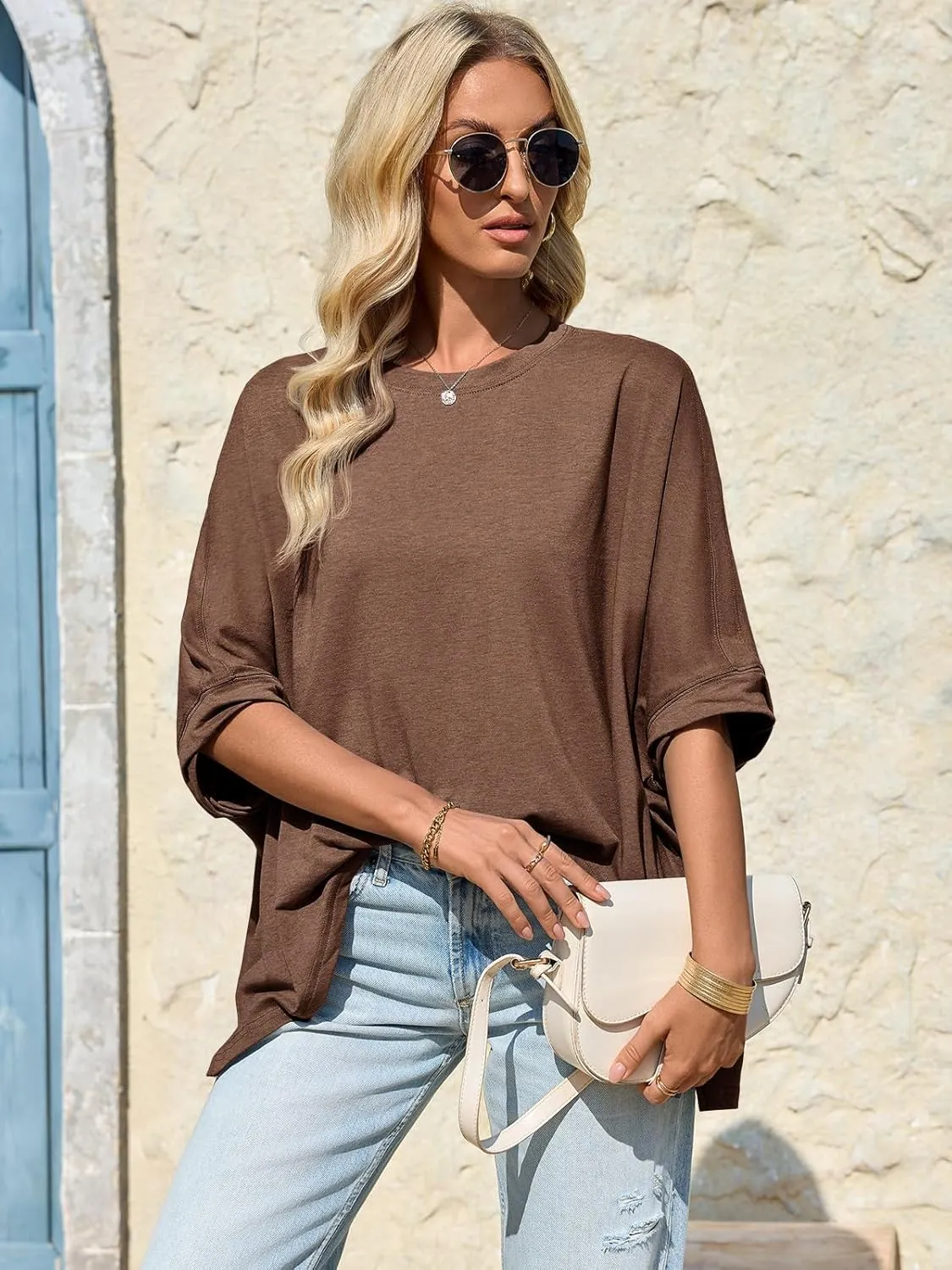 Tankaneo Womens Oversized Tshirts Batwing Short Sleeve Asymmetric Hem Tops Summer Casual Loose Fit Tunic Tee Shirts