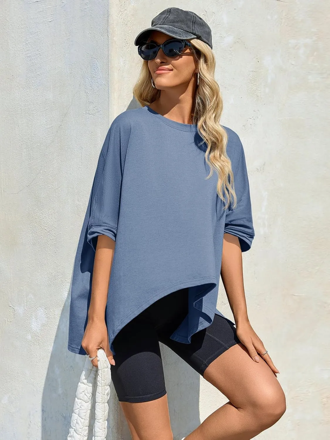 Tankaneo Womens Oversized Tshirts Batwing Short Sleeve Asymmetric Hem Tops Summer Casual Loose Fit Tunic Tee Shirts
