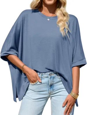 Tankaneo Womens Oversized Tshirts Batwing Short Sleeve Asymmetric Hem Tops Summer Casual Loose Fit Tunic Tee Shirts