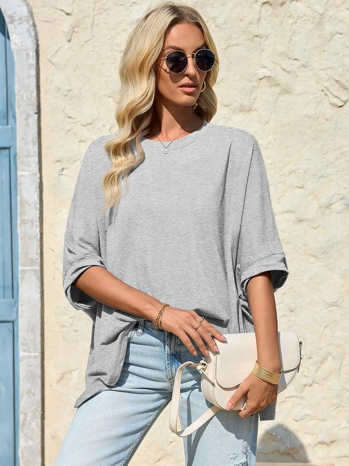 Tankaneo Womens Oversized Tshirts Batwing Short Sleeve Asymmetric Hem Tops Summer Casual Loose Fit Tunic Tee Shirts