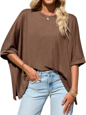 Tankaneo Womens Oversized Tshirts Batwing Short Sleeve Asymmetric Hem Tops Summer Casual Loose Fit Tunic Tee Shirts