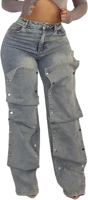 Tcremisa Women's Fashion Detachable Cargo Jeans High Waist Straight Leg Button Down Irregular Denim Pants Trousers