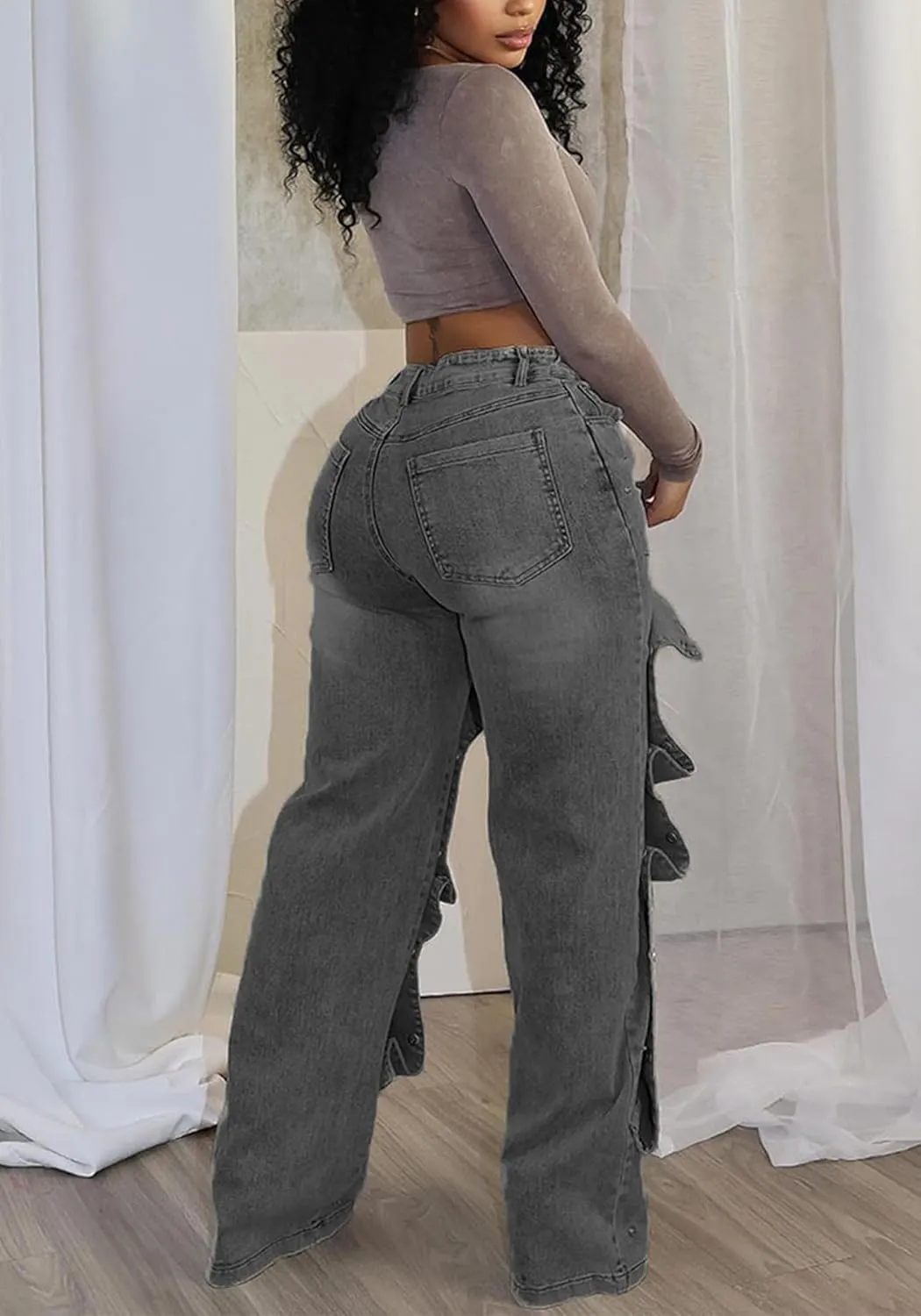 Tcremisa Women's Fashion Detachable Cargo Jeans High Waist Straight Leg Button Down Irregular Denim Pants Trousers