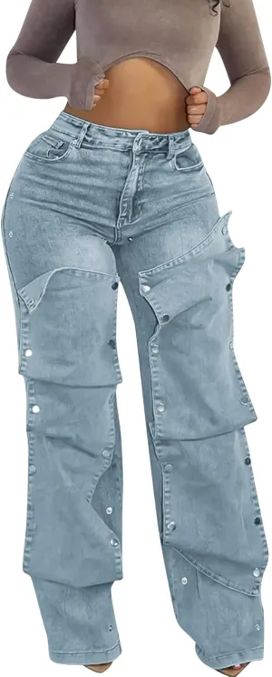 Tcremisa Women's Fashion Detachable Cargo Jeans High Waist Straight Leg Button Down Irregular Denim Pants Trousers