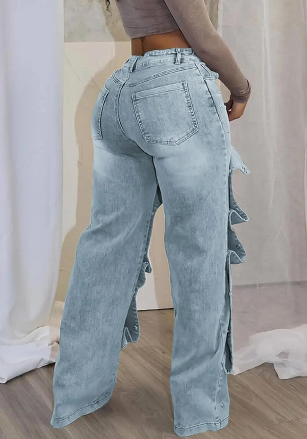 Tcremisa Women's Fashion Detachable Cargo Jeans High Waist Straight Leg Button Down Irregular Denim Pants Trousers