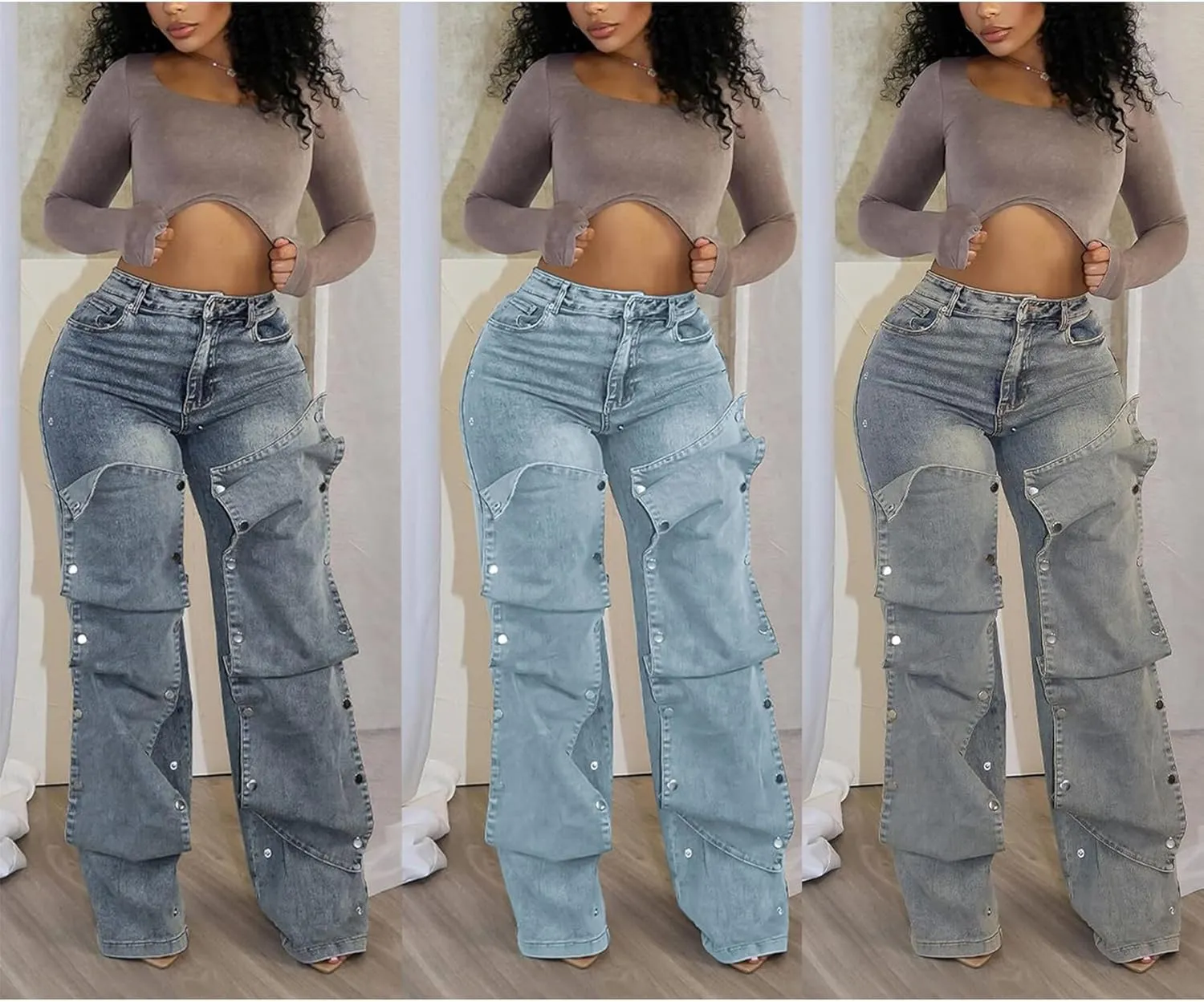 Tcremisa Women's Fashion Detachable Cargo Jeans High Waist Straight Leg Button Down Irregular Denim Pants Trousers