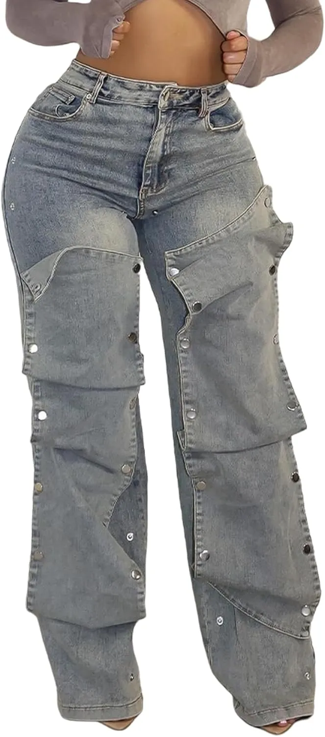 Tcremisa Women's Fashion Detachable Cargo Jeans High Waist Straight Leg Button Down Irregular Denim Pants Trousers