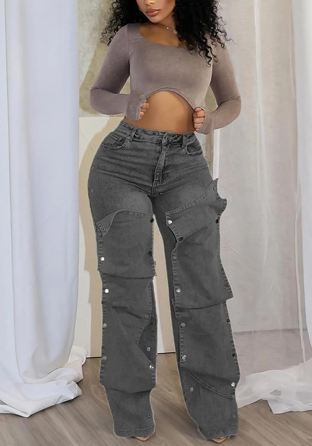 Tcremisa Women's Fashion Detachable Cargo Jeans High Waist Straight Leg Button Down Irregular Denim Pants Trousers