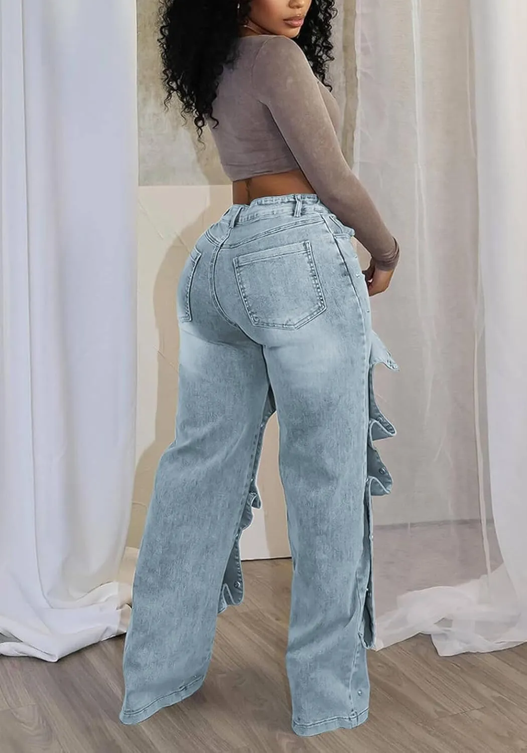 Tcremisa Women's Fashion Detachable Cargo Jeans High Waist Straight Leg Button Down Irregular Denim Pants Trousers