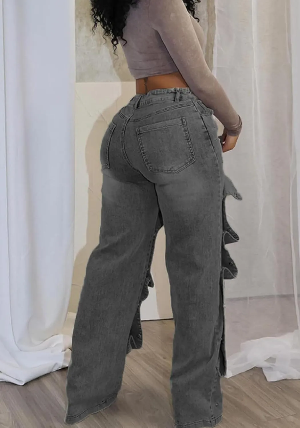 Tcremisa Women's Fashion Detachable Cargo Jeans High Waist Straight Leg Button Down Irregular Denim Pants Trousers