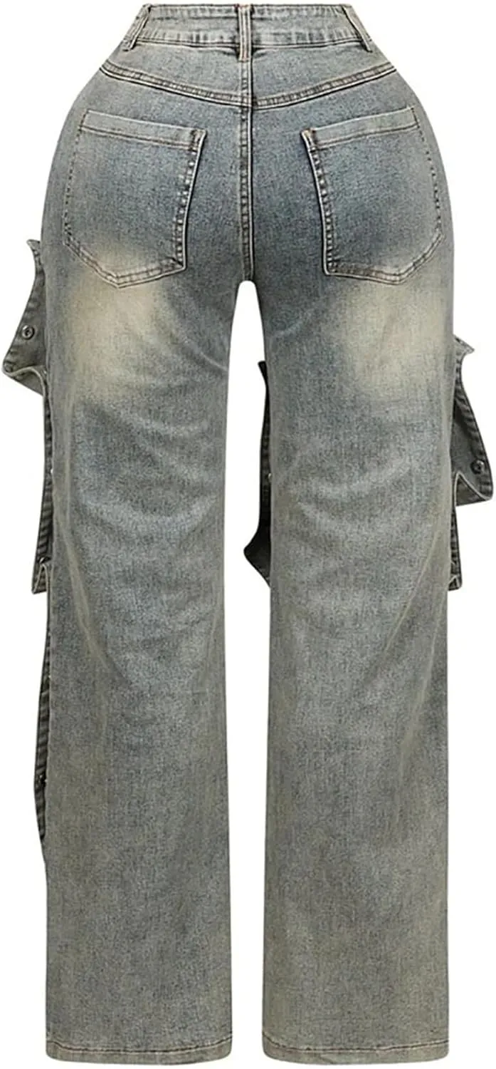 Tcremisa Women's Fashion Detachable Cargo Jeans High Waist Straight Leg Button Down Irregular Denim Pants Trousers
